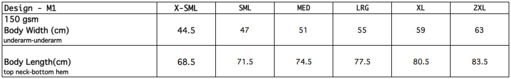 cb m1 sizechart